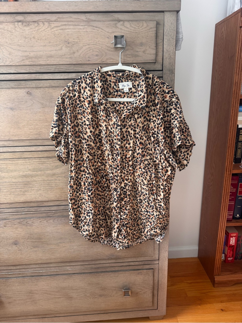 Per Se Leopard Print Short-Sleeve Button-Down Shirt - Beige/Black